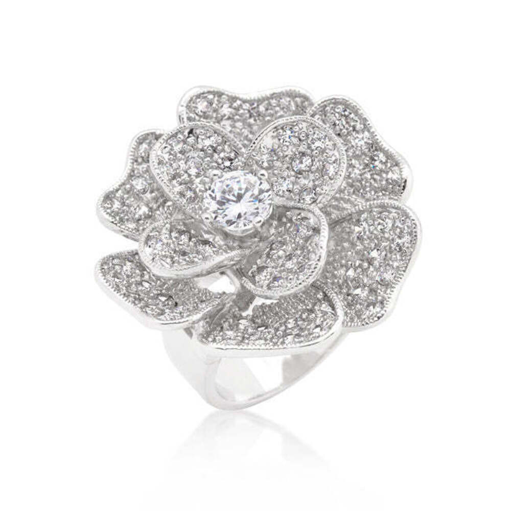 Large Flower Cubic Zirconia Cocktail Ring  - size 5 US